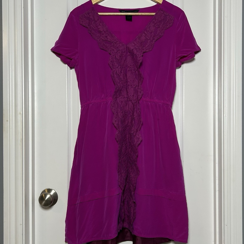 Marc by Marc Jacobs Silk Magenta Short Sleeve V-Neck Lace Panel Slip Mini Dress